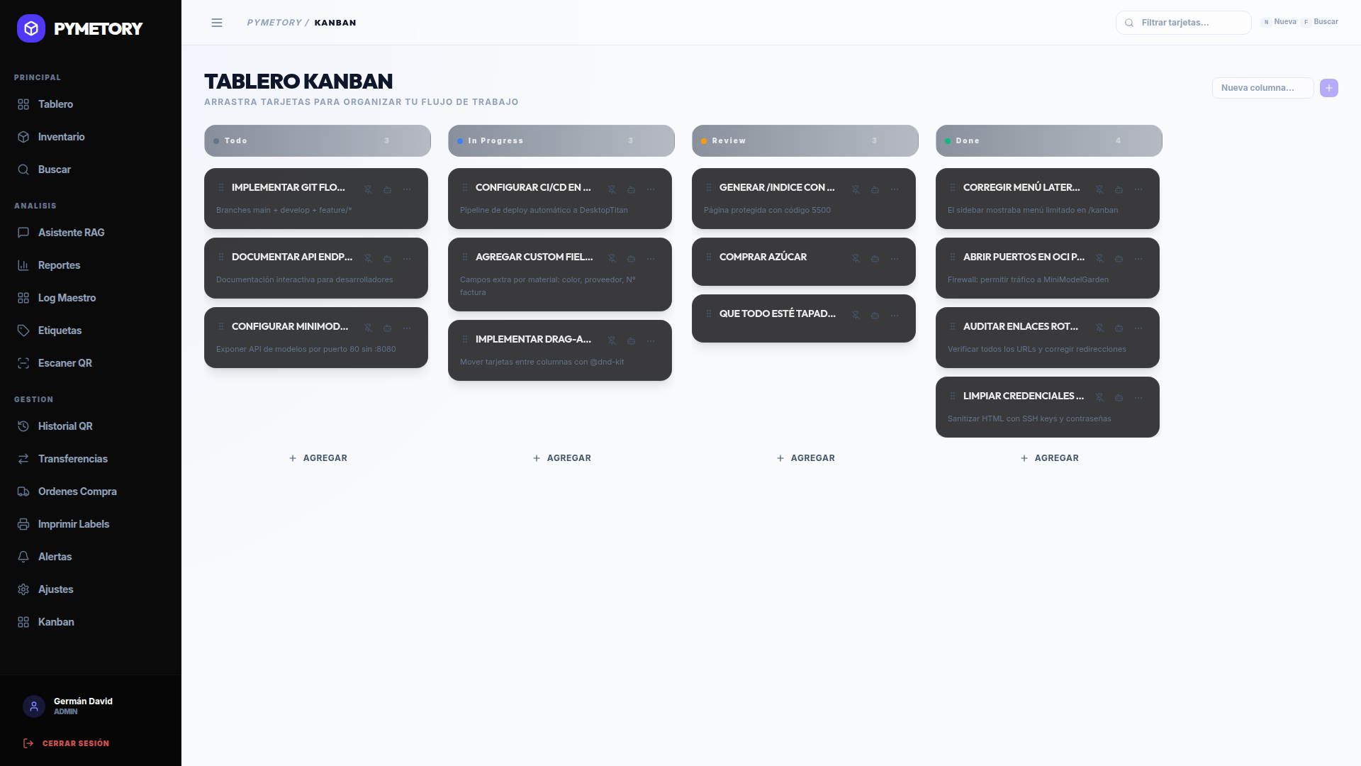 Kanban con sidebar completa